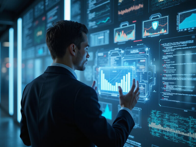 Professional examining Sweet Security and Check Point CloudGuard data screens