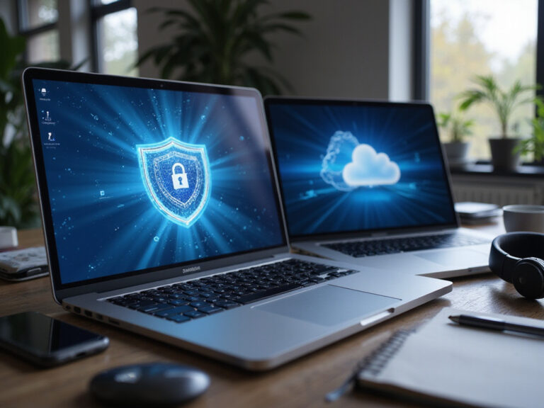 Laptops displaying Sweet Security and Trend Micro Cloud One icons