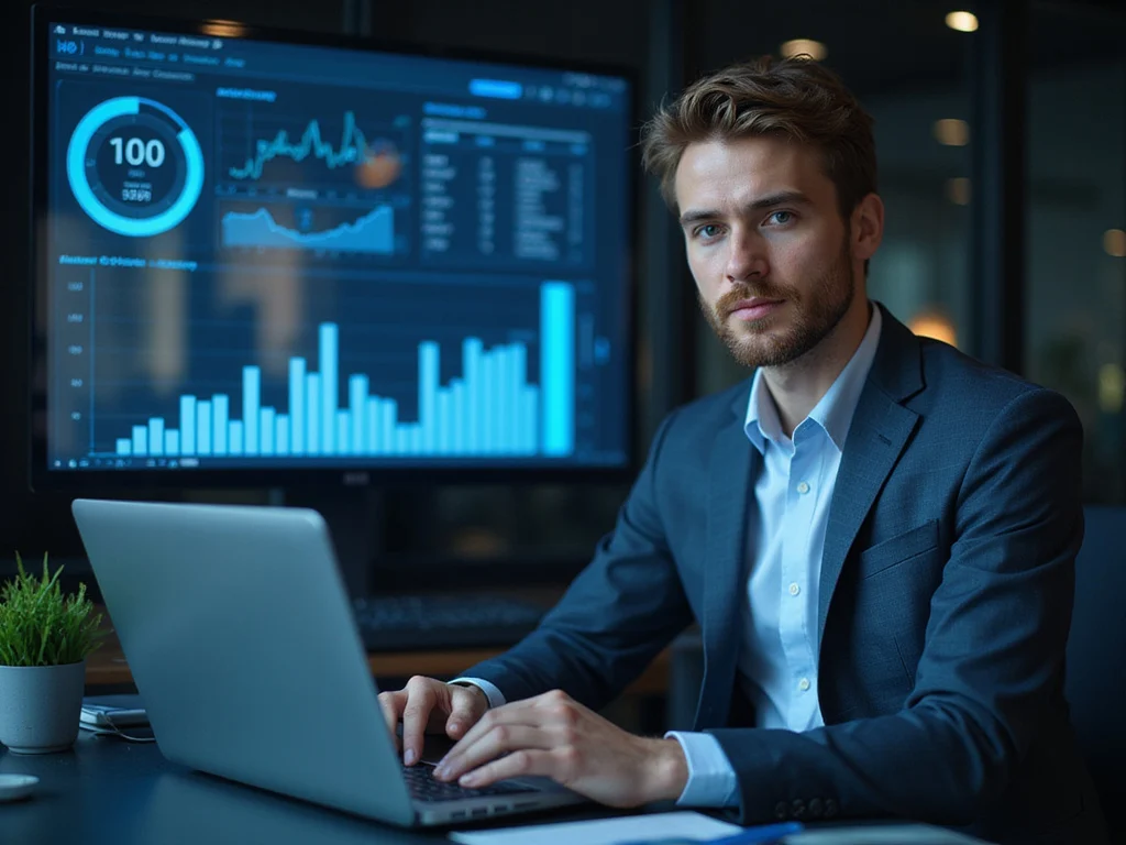 Man using treasury automation software in a futuristic setting