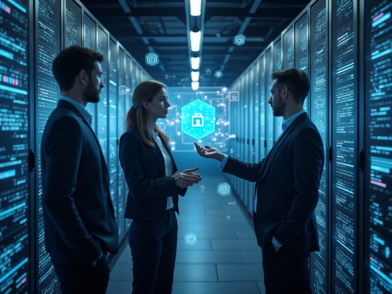 Professionals discussing SASE and ZTNA implementation in server room