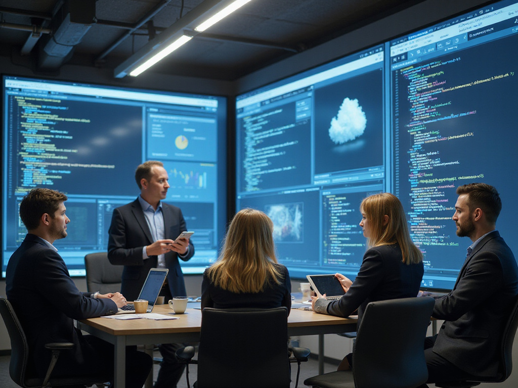 Professionals discussing Upwind review in a technology-focused environment.