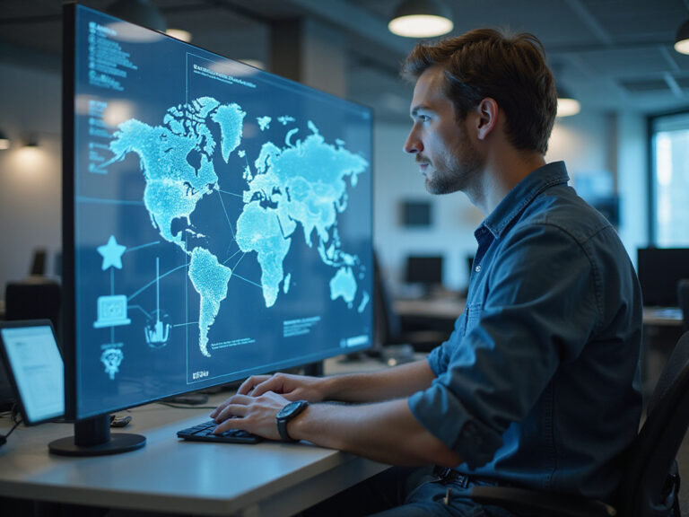 Man working on VMware SD-WAN holographic interface in modern office