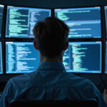 Individual analyzing Wiz AI Agent Orchestration Security codes on screens