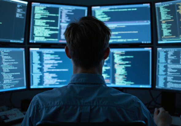 Individual analyzing Wiz AI Agent Orchestration Security codes on screens