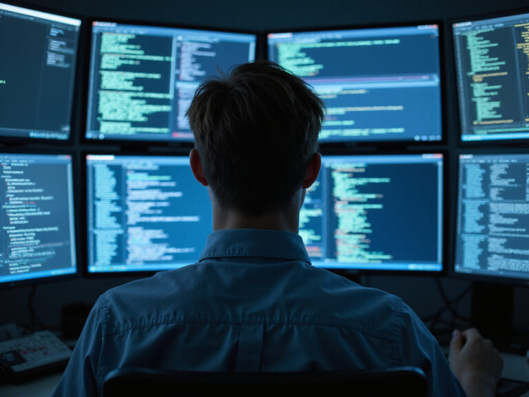 Individual analyzing Wiz AI Agent Orchestration Security codes on screens
