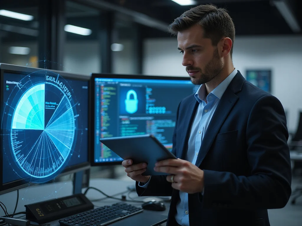 Executive analyzing working capital ratio on digital tablet in modern office