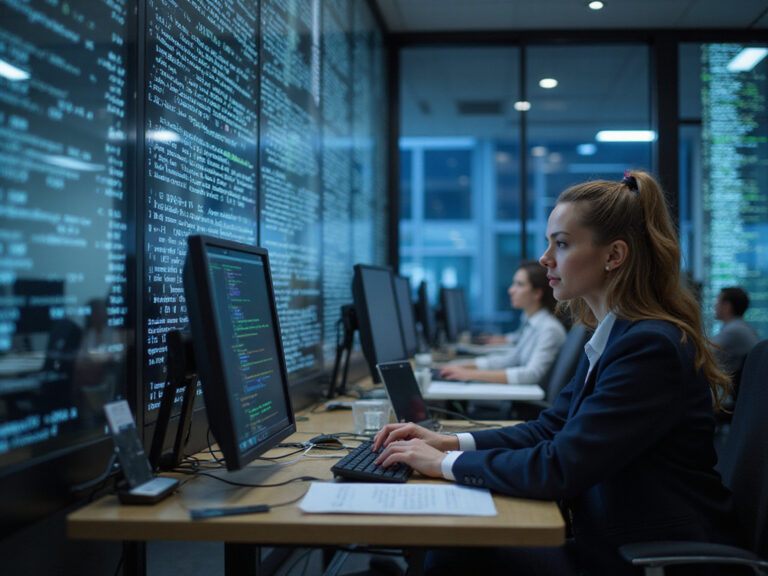 Diverse professionals implementing zero trust concept in cybersecurity.