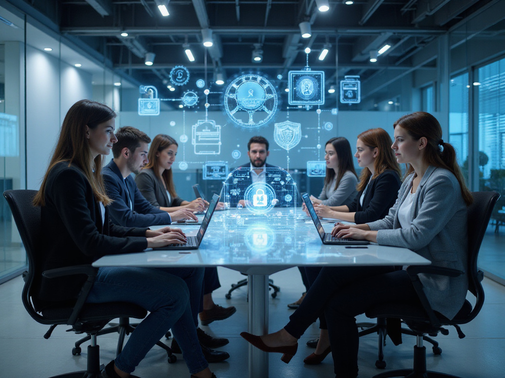 Diverse tech team implementing zero trust with holographic cybersecurity symbols