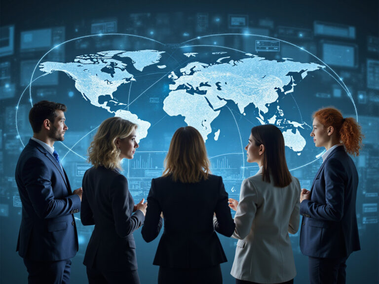 Professionals interacting with zero trust network architecture hologram