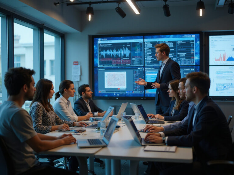 Diverse professionals implementing zero trust principles in modern office