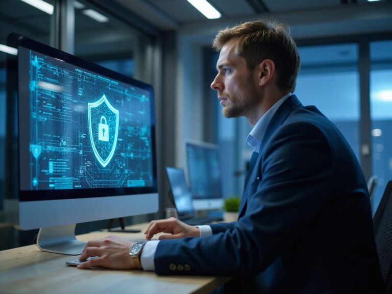 Business professional applying zero trust security principles on computer