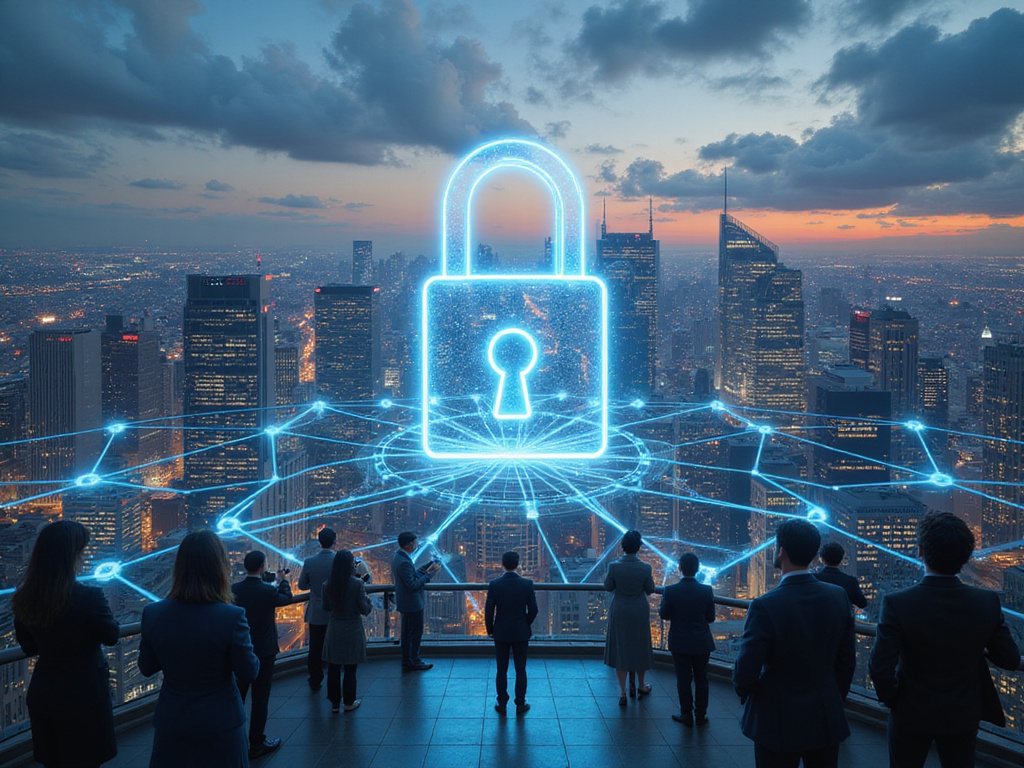 Panoramic cityscape with interconnecting digital network symbolizing zero trust security