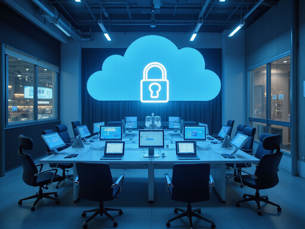 Zscaler zero trust concept with cloud, padlock, and nodes in office setup