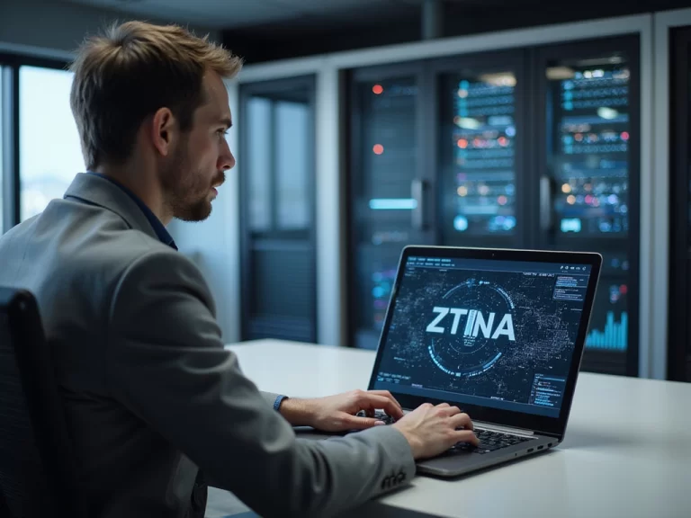 Professional using ZTNA security solutions on laptop in cyber security environment